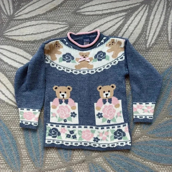 Vintage Young Classics Youth Girls’ Acrylic Teddy Bear Floral Sweater Size Small - Picture 1 of 7